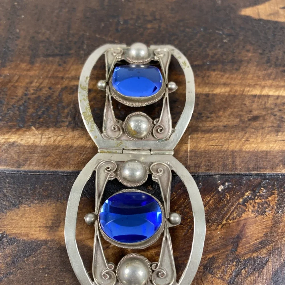 Vintage MEXICO WIDE Silver Sterling  Bracelet‎ Blue ENGRAVED Stones .925